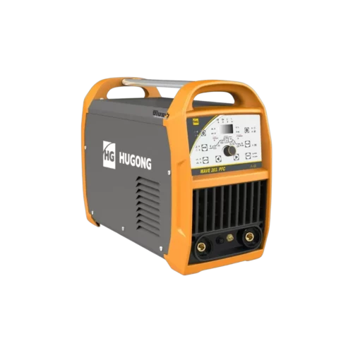 רתכת ארגון ניידת HUGONG TIG Wave 203 Mini, עם פאנל קדמי המציג כפתורי שליטה, תצוגת חיווי וממשק להפעלת תהליכי TIG ו-MMA.