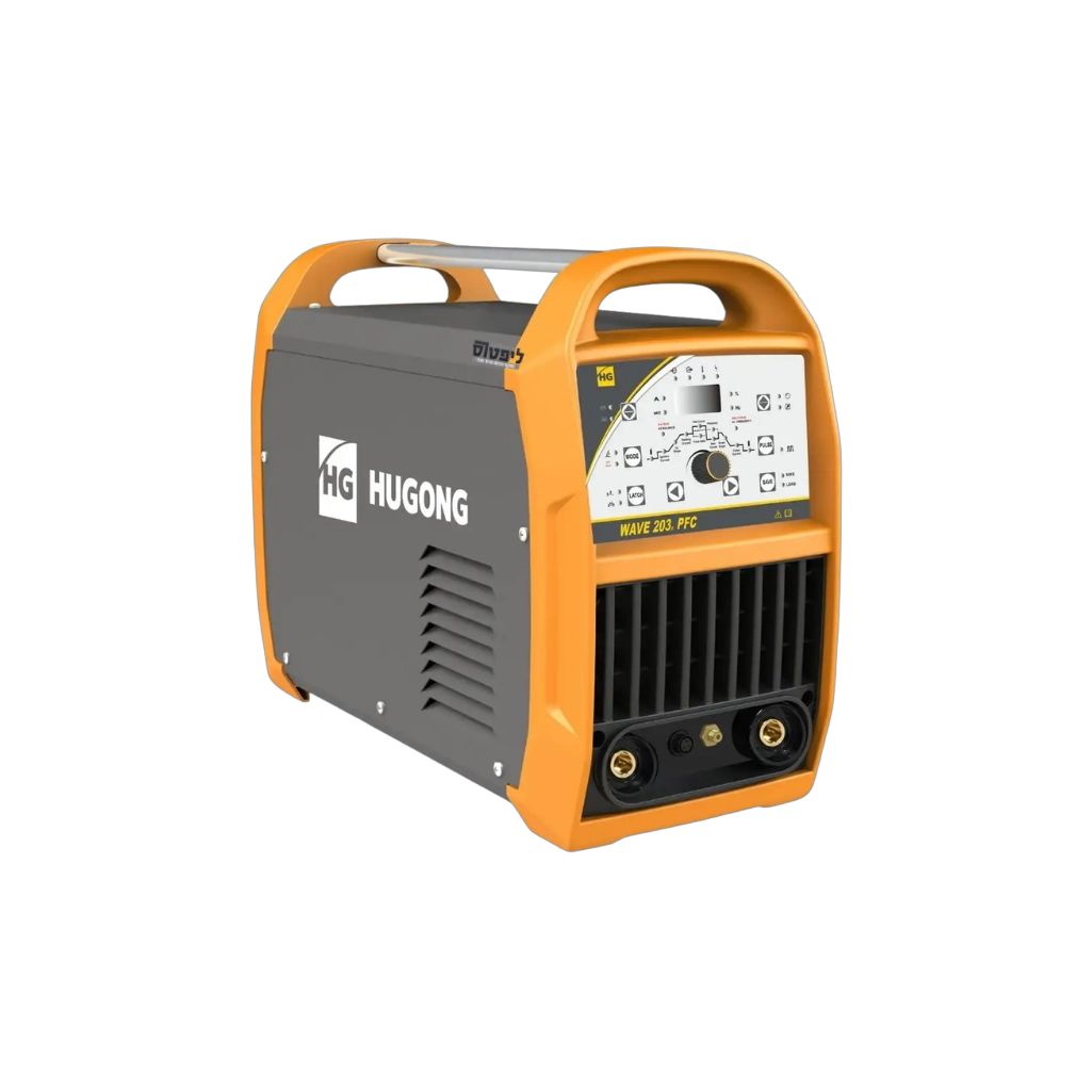 רתכת ארגון ניידת HUGONG TIG Wave 203 Mini, עם פאנל קדמי המציג כפתורי שליטה, תצוגת חיווי וממשק להפעלת תהליכי TIG ו-MMA.